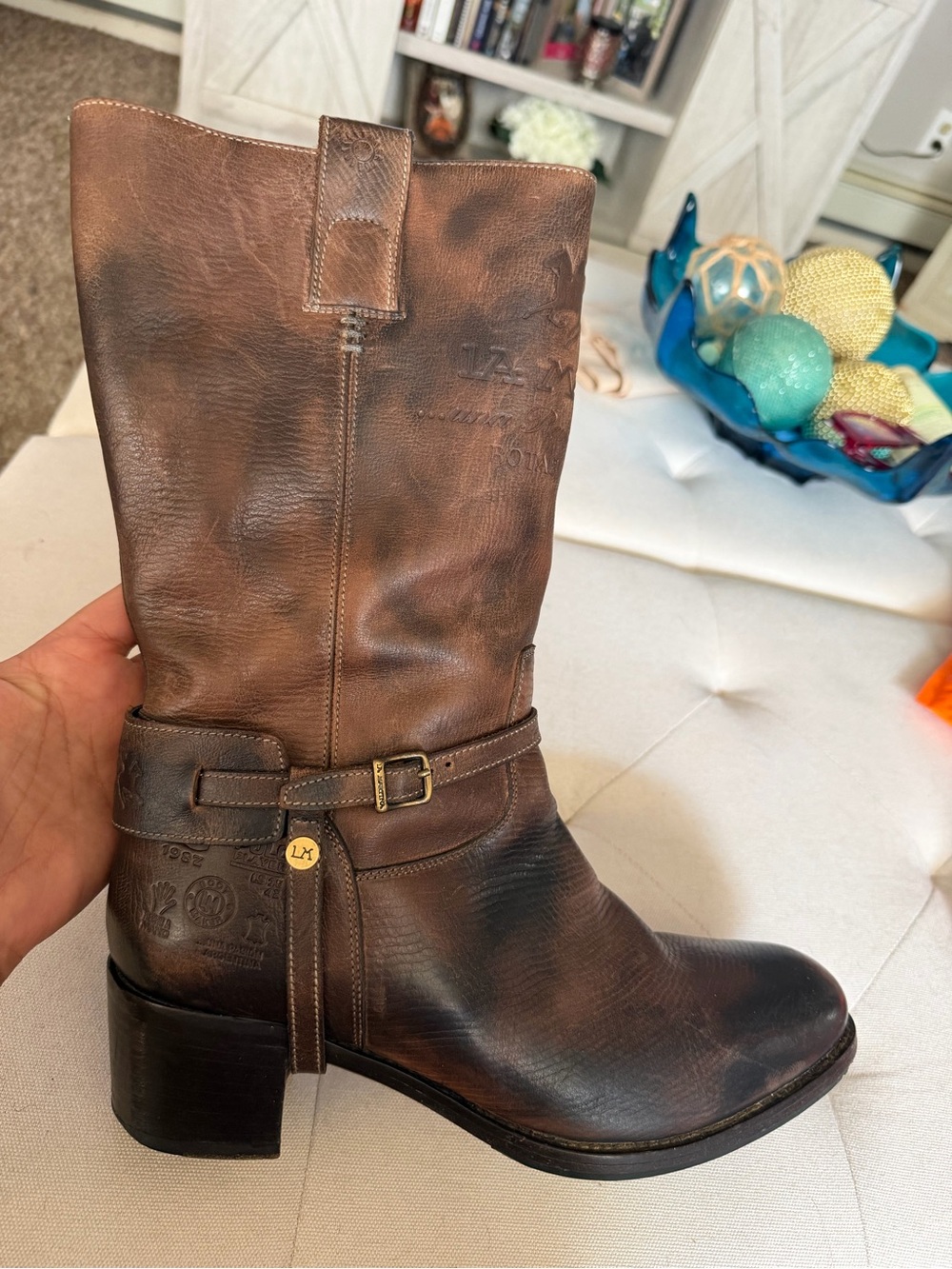 La Martina Distressed Brown Leather Mid-Calf Harness Riding Boots - Size 41